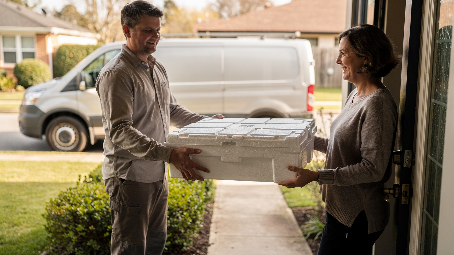 A delivery driver hands a white insulated crate to a smiling woman at her front door, with a plain white van parked at the kerb behind.