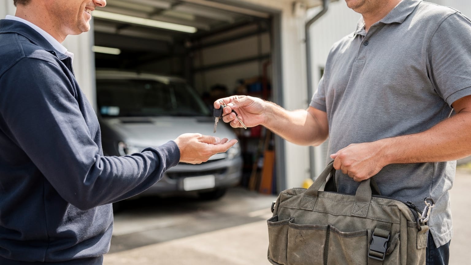 A man in a grey polo shirt holding a canvas tool bag hands vehicle keys to a smiling colleague outside a workshop, with a van parked behind.