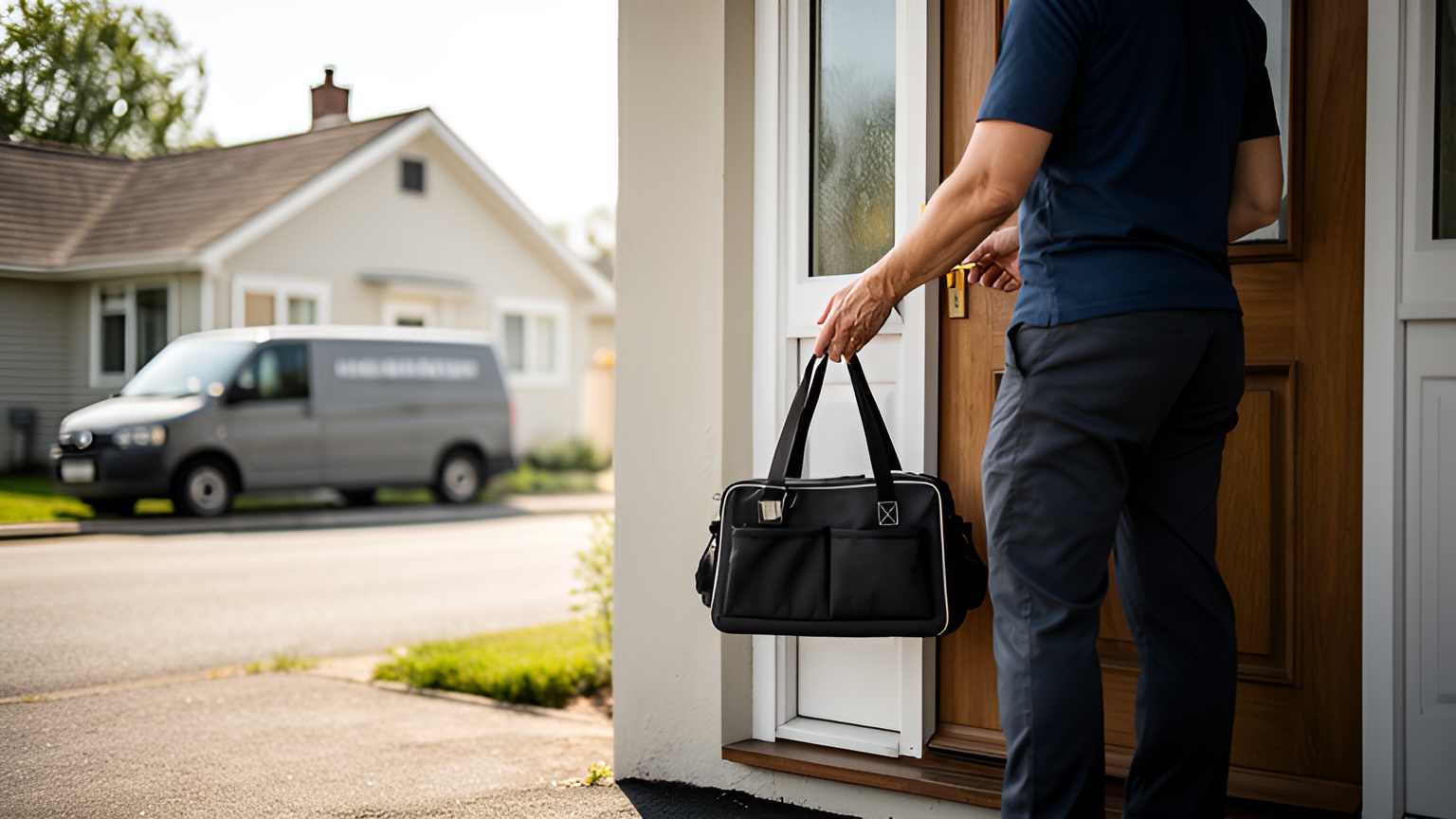 A technician in a navy shirt carrying a black bag at a suburban front door, with a grey van parked on the street behind.