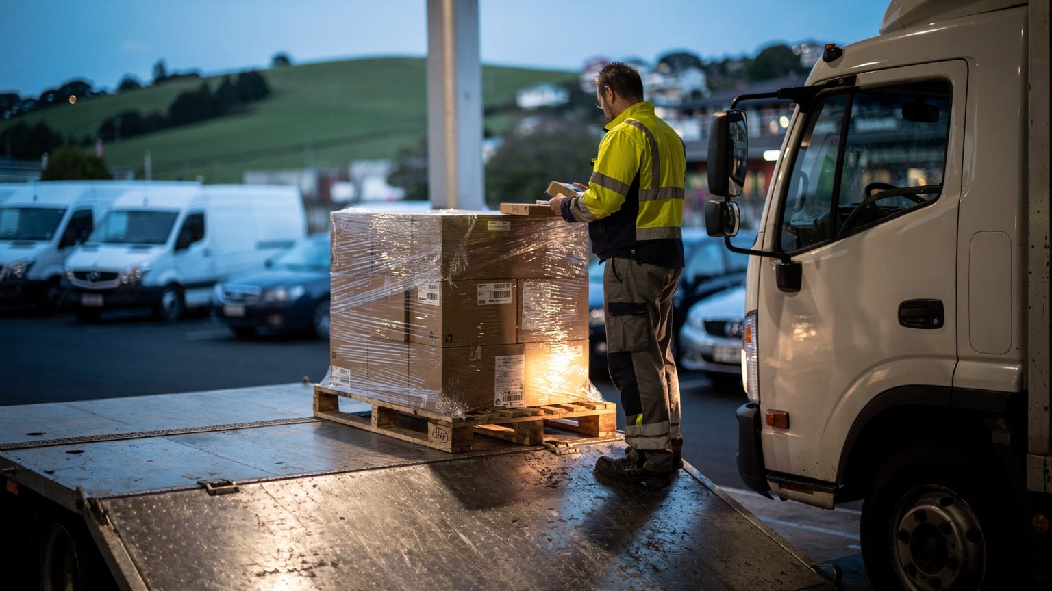 A worker in a high-visibility jacket checks a shrink-wrapped pallet of boxes on a truck tail-lift at a depot in early morning light.