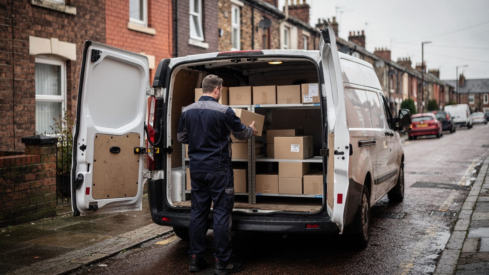 A courier in a dark uniform lifts a cardboard parcel from shelving inside a white van parked on a wet terraced street.