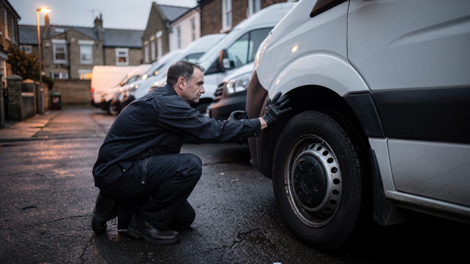 A technician in dark overalls and gloves crouches beside a white van at dawn, inspecting its front tyre, with more vans parked behind.