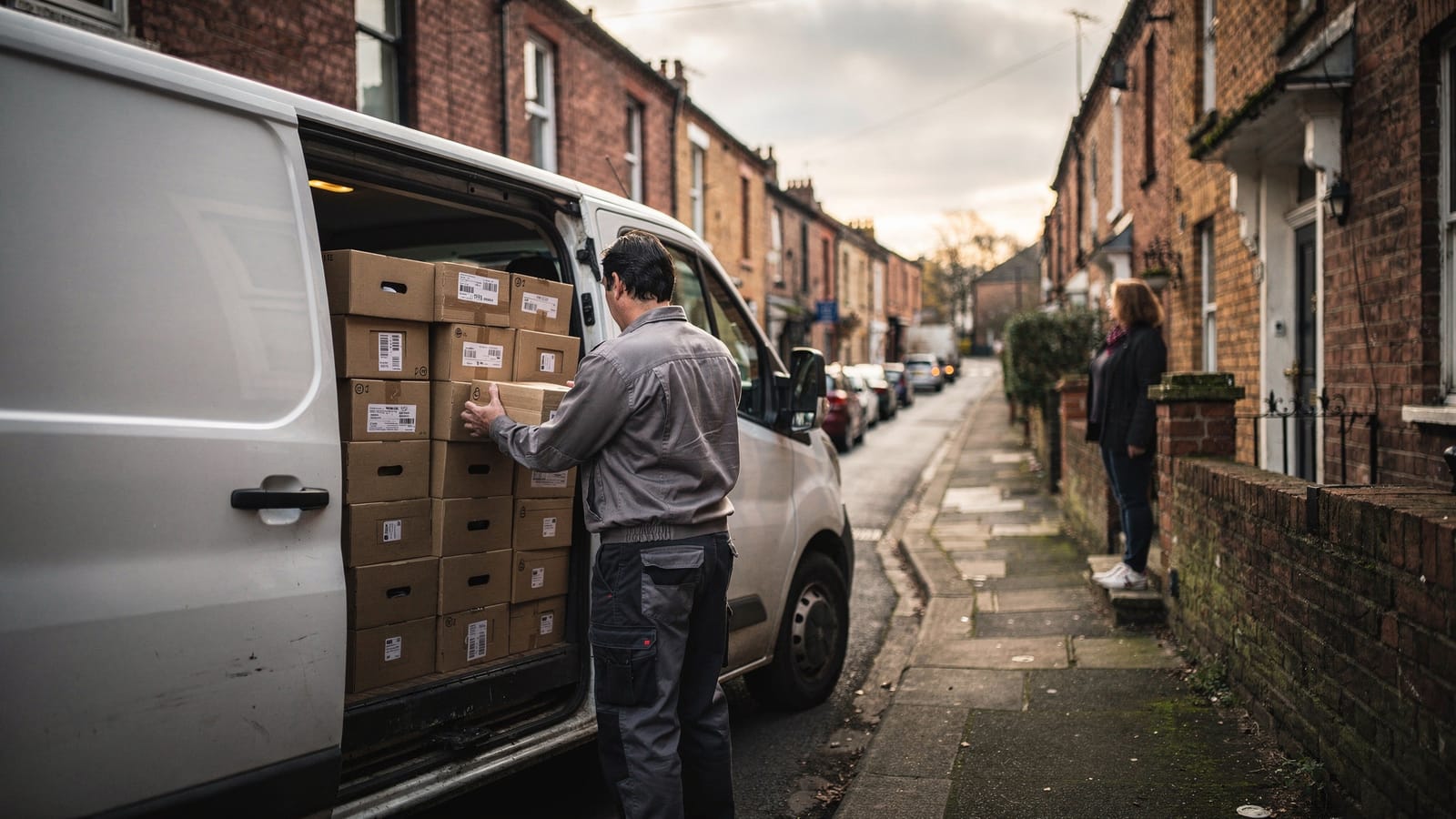 A delivery driver unloads cardboard parcels from the side door of a white van on a narrow terraced street while a woman waits on her front step.